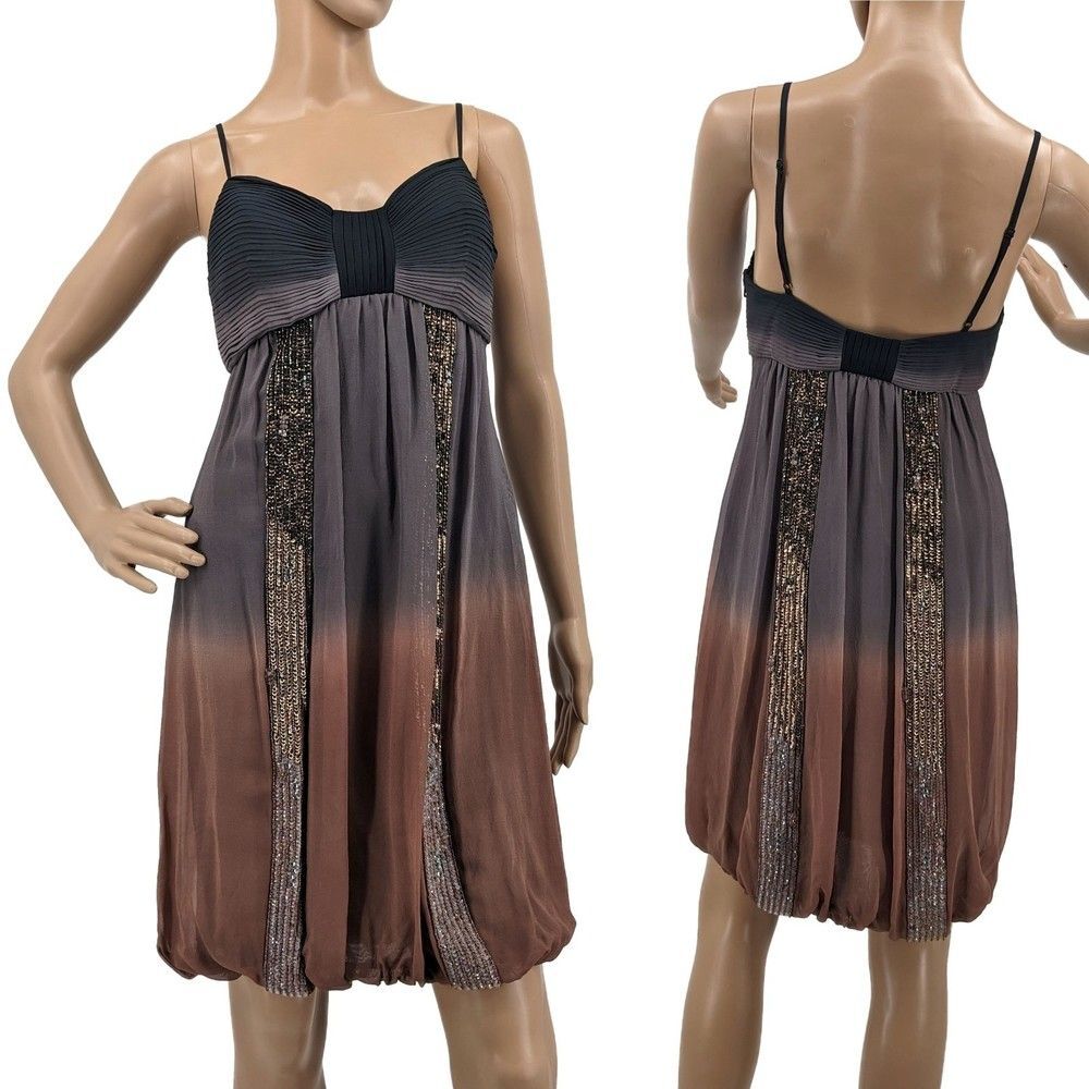 Vintage Y2K Sue Wong Mini Dress Bow Bodice Brown Ombre Sequin Bubble Hem Size 0